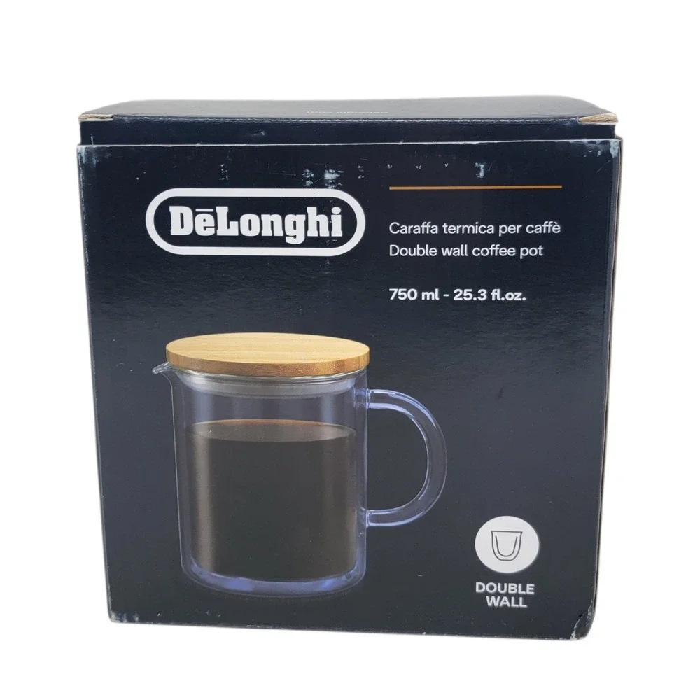 Double Wall Glass Coffee Pot Bamboo Lid 25oz Thermal Carafe Open Box‎ New